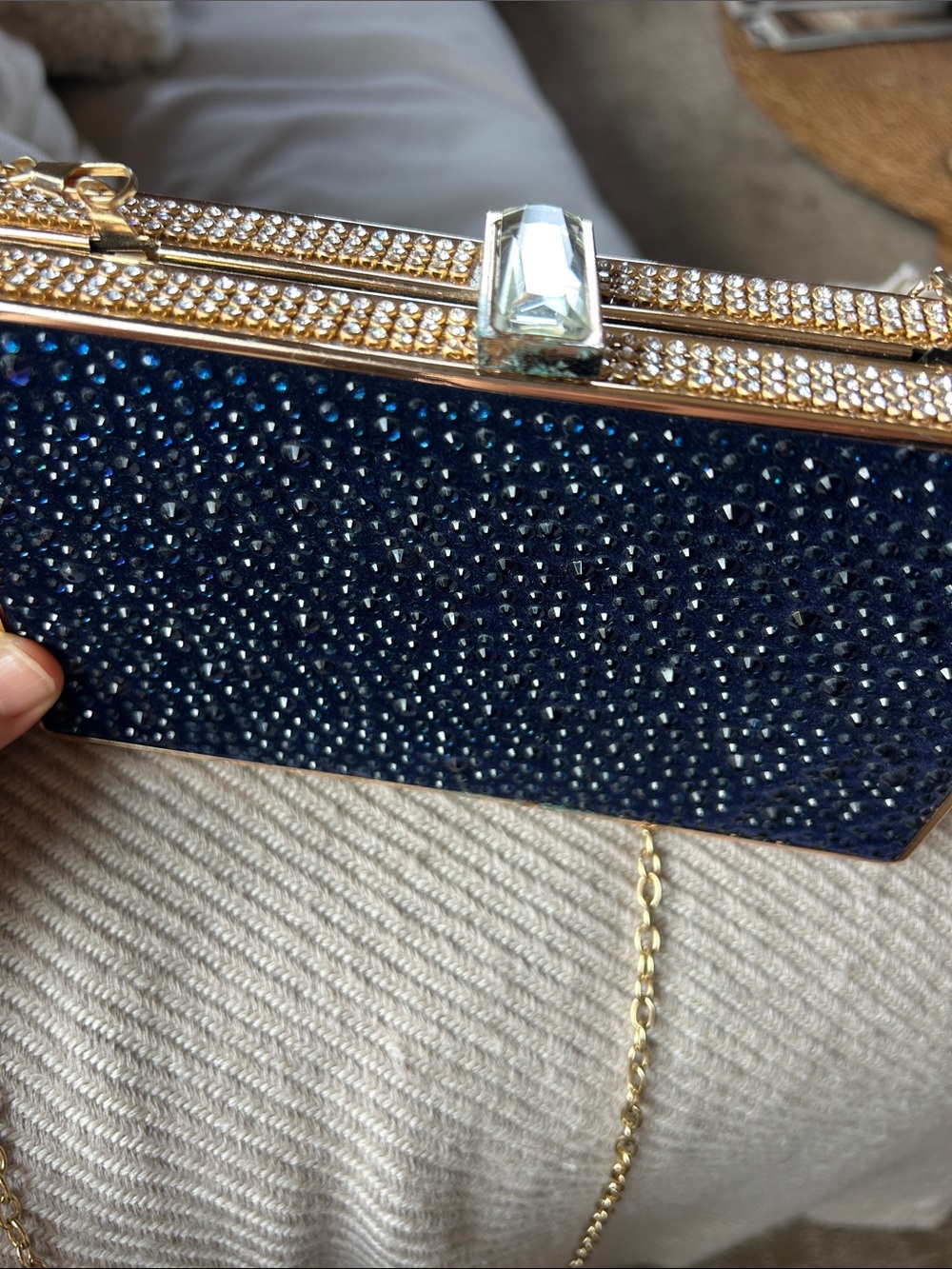 Elegant Navy Crystal Evening Clutch with Gold Trim